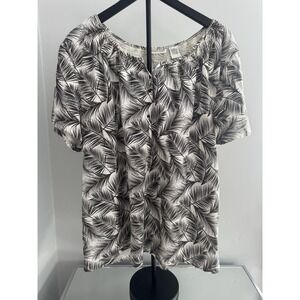 Hastings & Smith Women's 2X Palm Leaf Print Blouse Black Ivory Boho Resort
